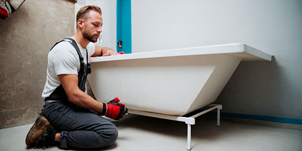 строитель устанавливает ванну