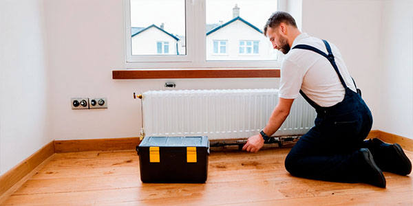 сантехник ремонтирует радиатор отопления