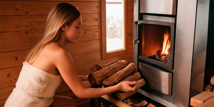 Девушка топит печь для бани