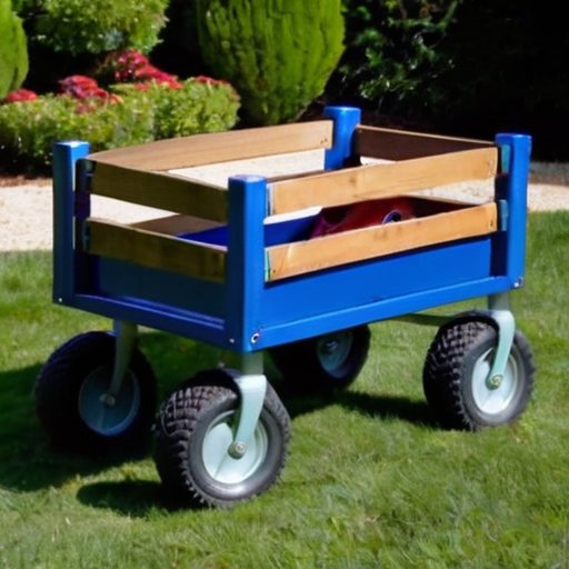 Устойчивый двухколесный хозяйственный тележка для outdoor с металлическим каркасом и деревянной платформой на фоне солнечного сада.