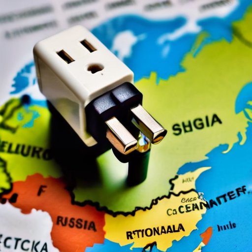 Карта России с типами электрических розеток: C (Europlug) и F (Schuko), с цветовой легендой и символами адаптеров.