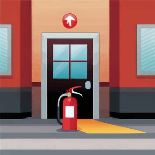 Сцена экстренного реагирования: огнетушитель на переднем плане, выходной знак на заднем, закрытая дверь и окно, чек-лист с мерами безопасности.