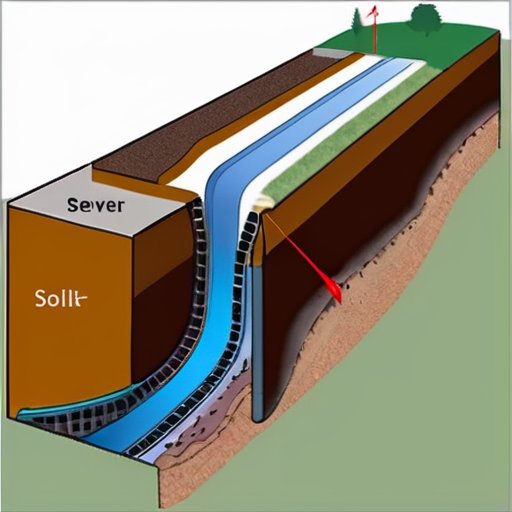 Срез trench с правильно уложенными канализационными трубами, обозначены типы почвы, уровень грунтовых вод и методы изоляции.