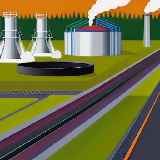 Яркий индустриальный пейзаж с продуктами битума, нефтеперерабатывающим заводом и строительством асфальтовой дороги.