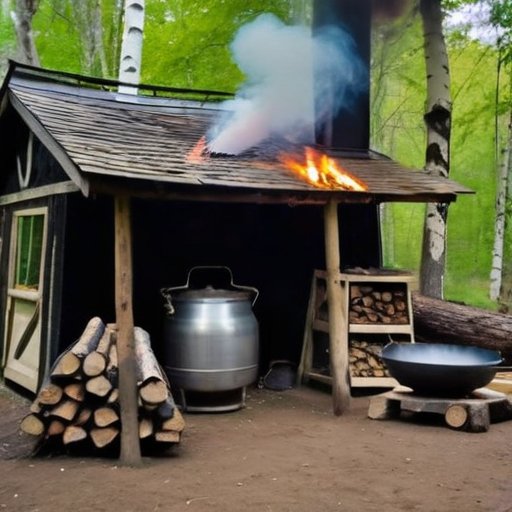 Деревянная мастерская для производства дёгтя с инструментами, берестой и дымом от костра на фоне деревьев.