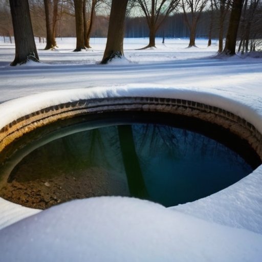 Зимний пейзаж с колодцем, утеплённым панелями и нагревательными кабелями, покрытый снегом.