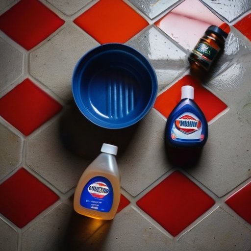 Чистый и организованный пол гаража с уборочными инструментами и пятном от масла.