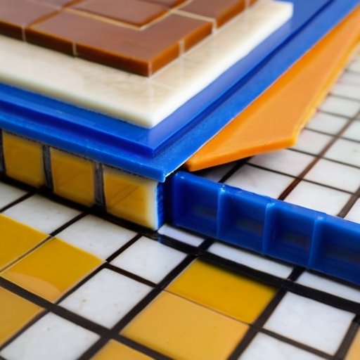Организованный рабочий уголок для укладки плитки с инструментами и материалами.