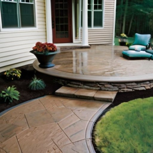 Красиво оформленная патия из stamped concrete с инструментами и цветными смесями.