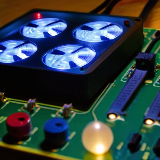 Темная комната с LED-лампами, мигающими и тусклыми, рядом с платой и инструментами для диагностики.
