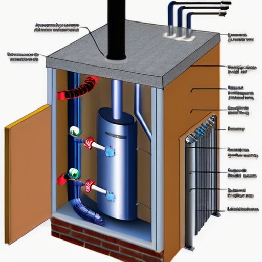 Схема установки газового котла с различными системами дымоходов и инструментами.