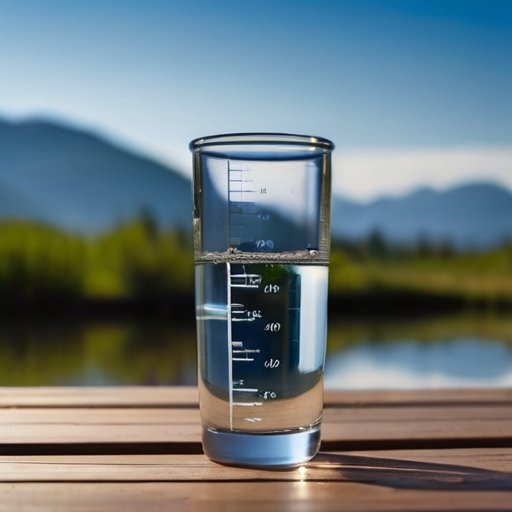 Стакан воды на деревянном столе с лабораторным оборудованием и фоном чистого водоема.
