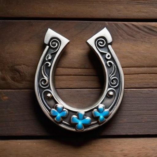 Изящная подкова из блестящего металла на фоне rustic дерева, украшенная символами удачи.