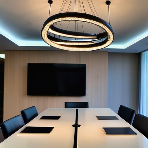 Современная LED люстра на натяжном потолке с аккуратно расставленными инструментами для установки.